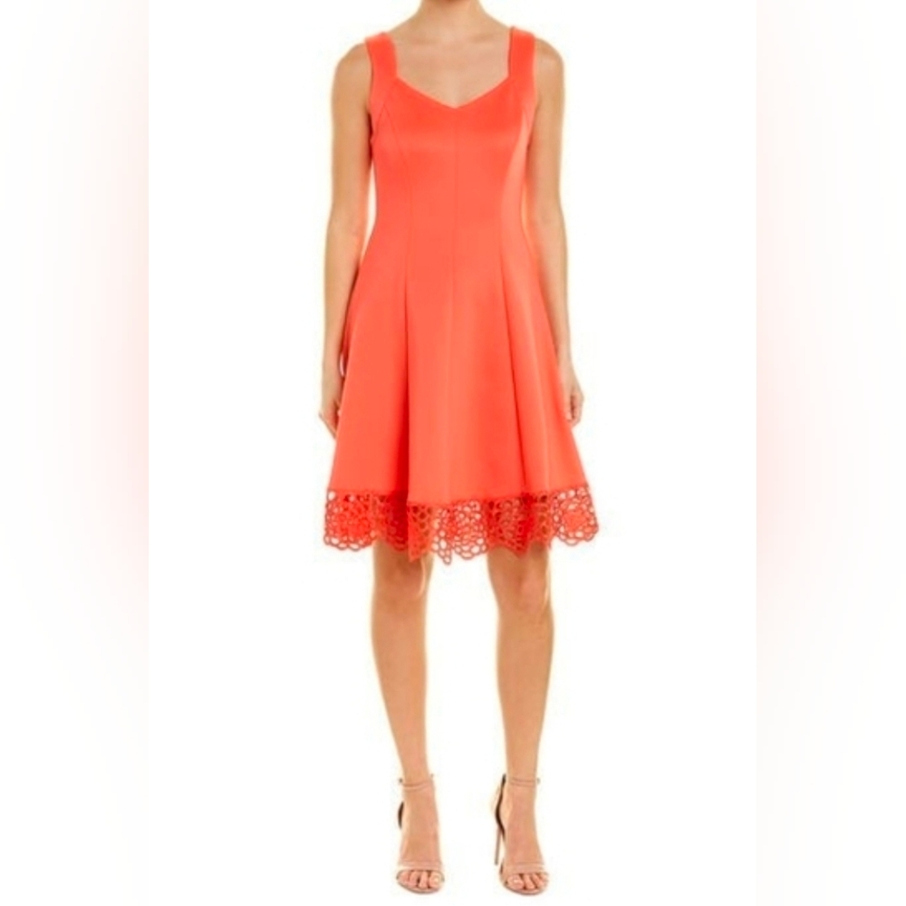 Donna Ricco Coral Sleeveless Fit-and-Flare Dress with Scalloped Laser-Cut Hem